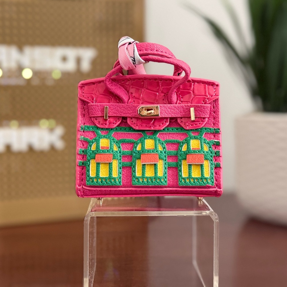 New Vibrant Pink designer Mini Bag with Green and Yellow Accents Charm keychain